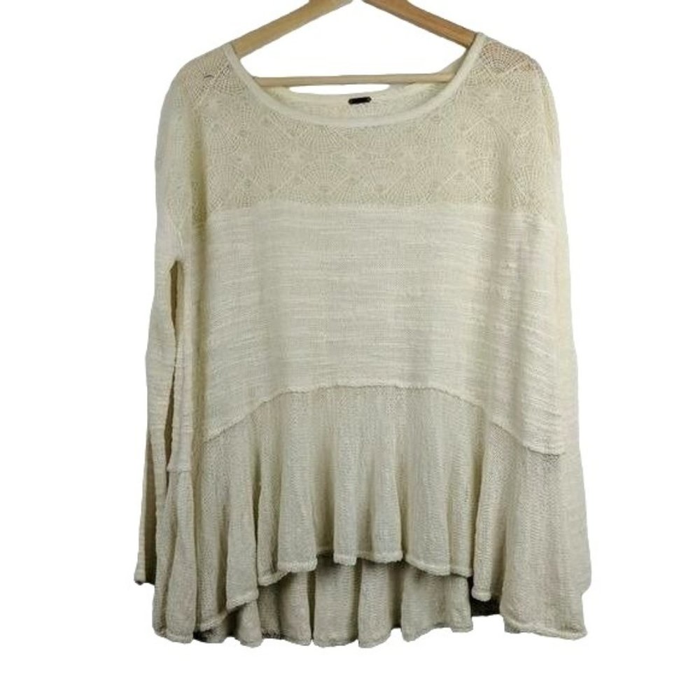 Free People Kristobel Ruffle Lace Peplum Sweater Size M Womens 3/4 Sleeve Ivory